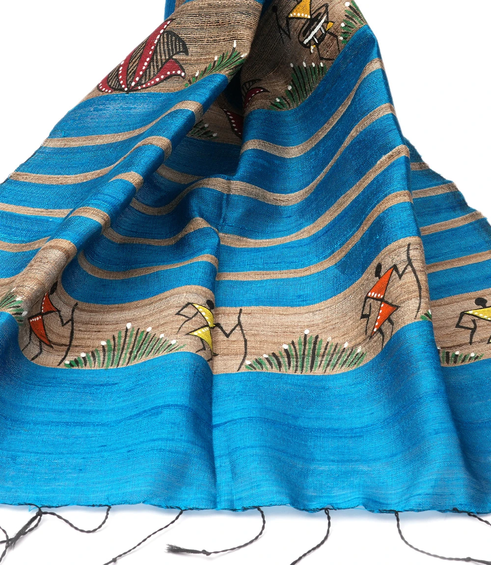 Tassar Silk Natural Hand Painting Stole blu2