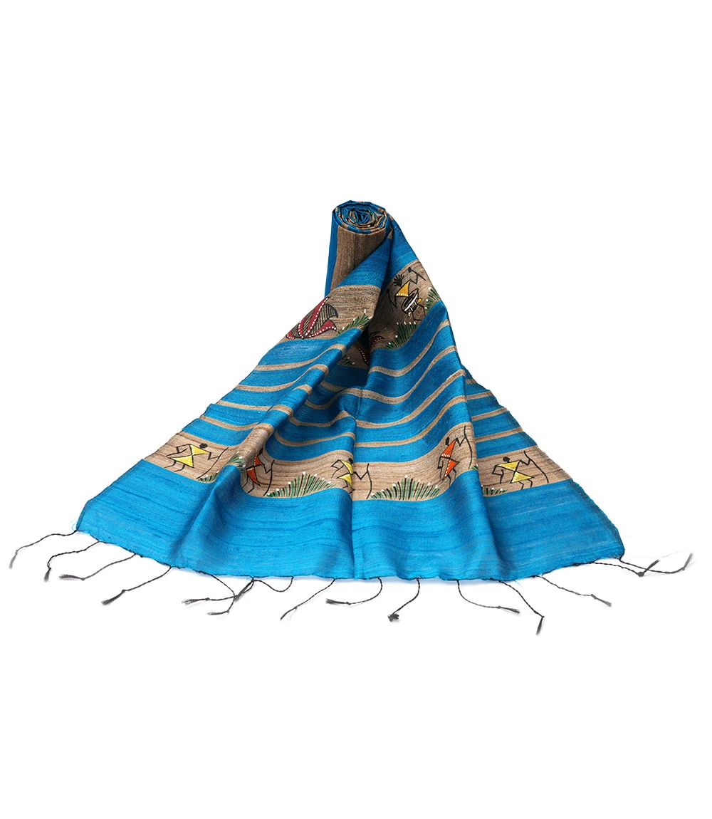 Tassar Silk Natural Hand Painting Stole blue