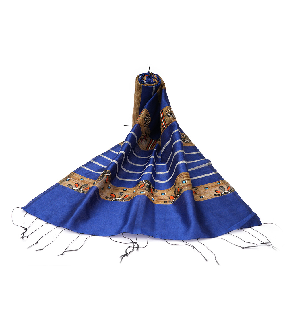 Tassar Silk Natural Hand Painting Stole navy-blue