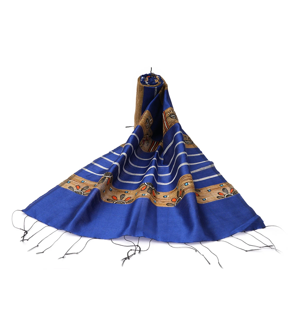 Tassar Silk Natural Hand Painting Stole navy-blue